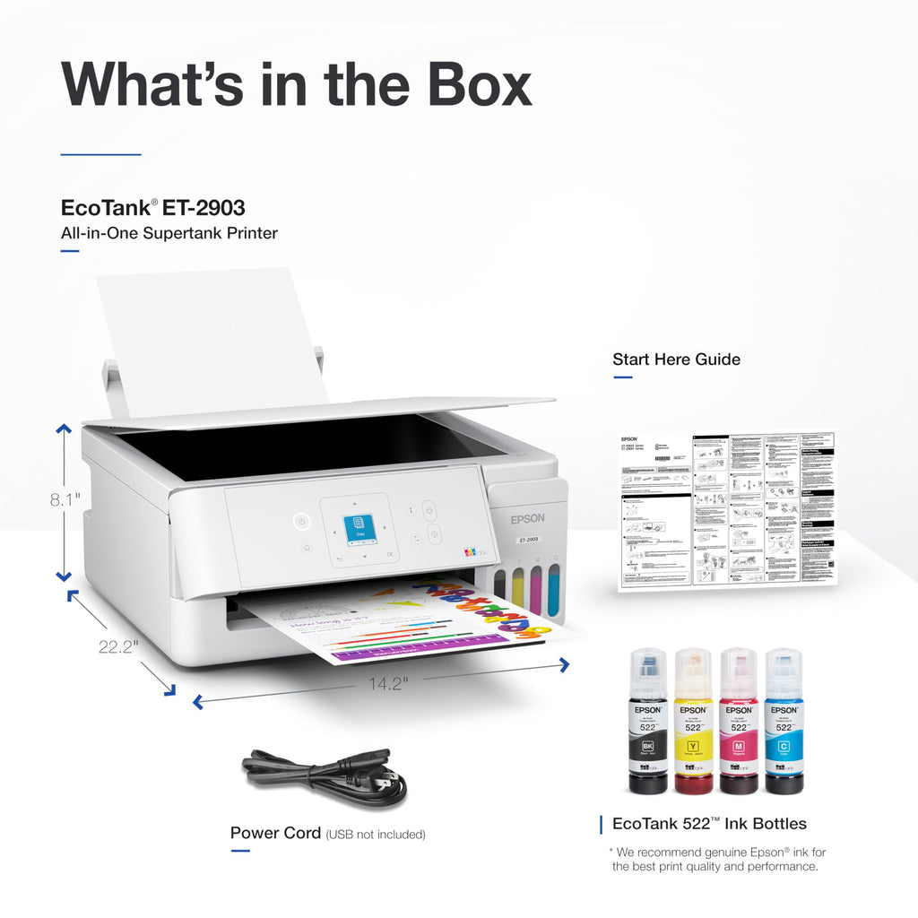 Wireless All-in-One Color Supertank Printer with Refillable Tanks, Scanner, White V25907
