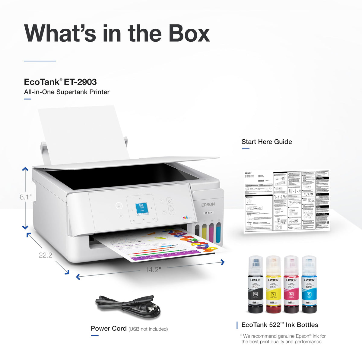 Wireless All-in-One Color Supertank Printer with Refillable Tanks, Scanner, White V25907