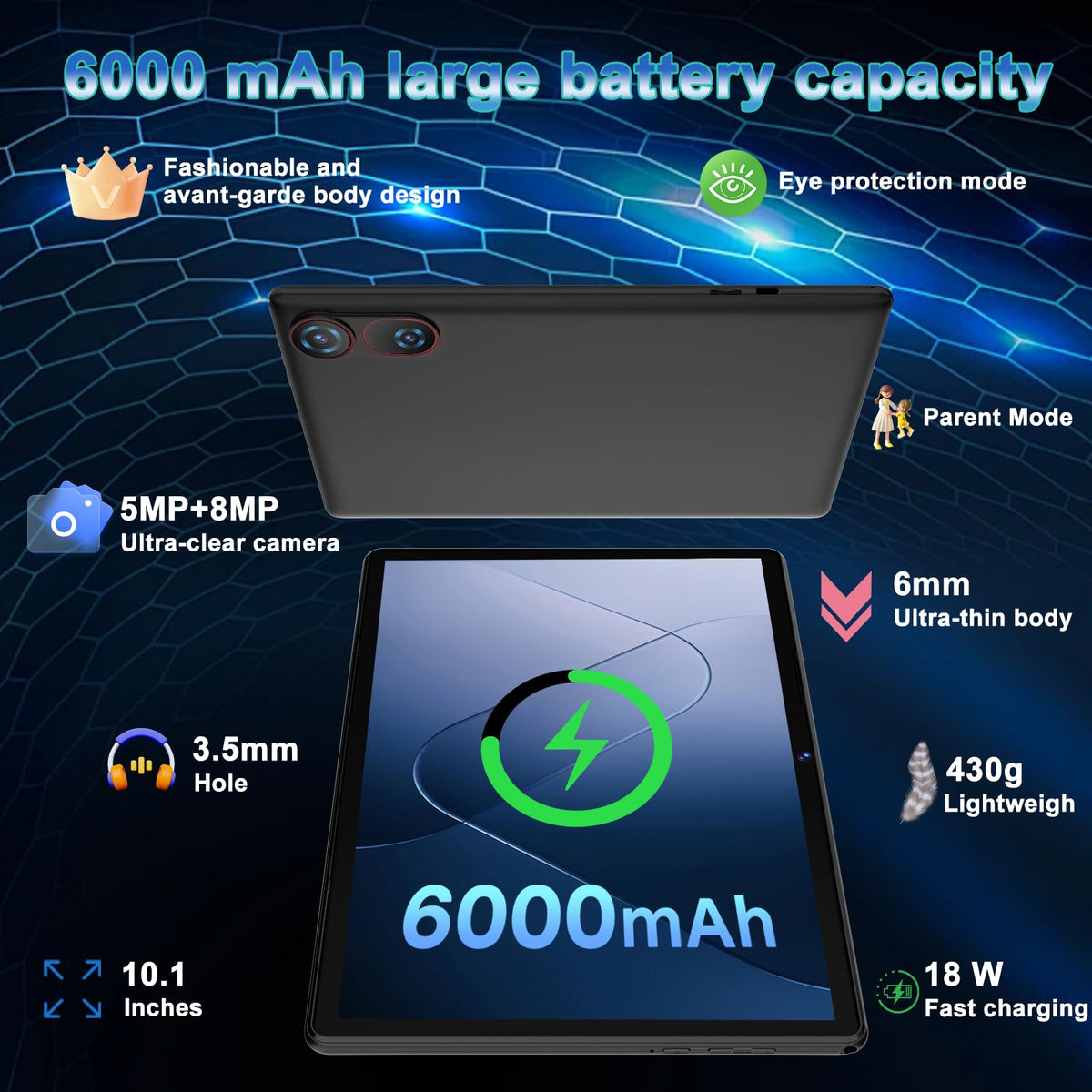 Android 15 Tablet 10.1 Inch FHD 30GB RAM 64GB ROM Black F3035