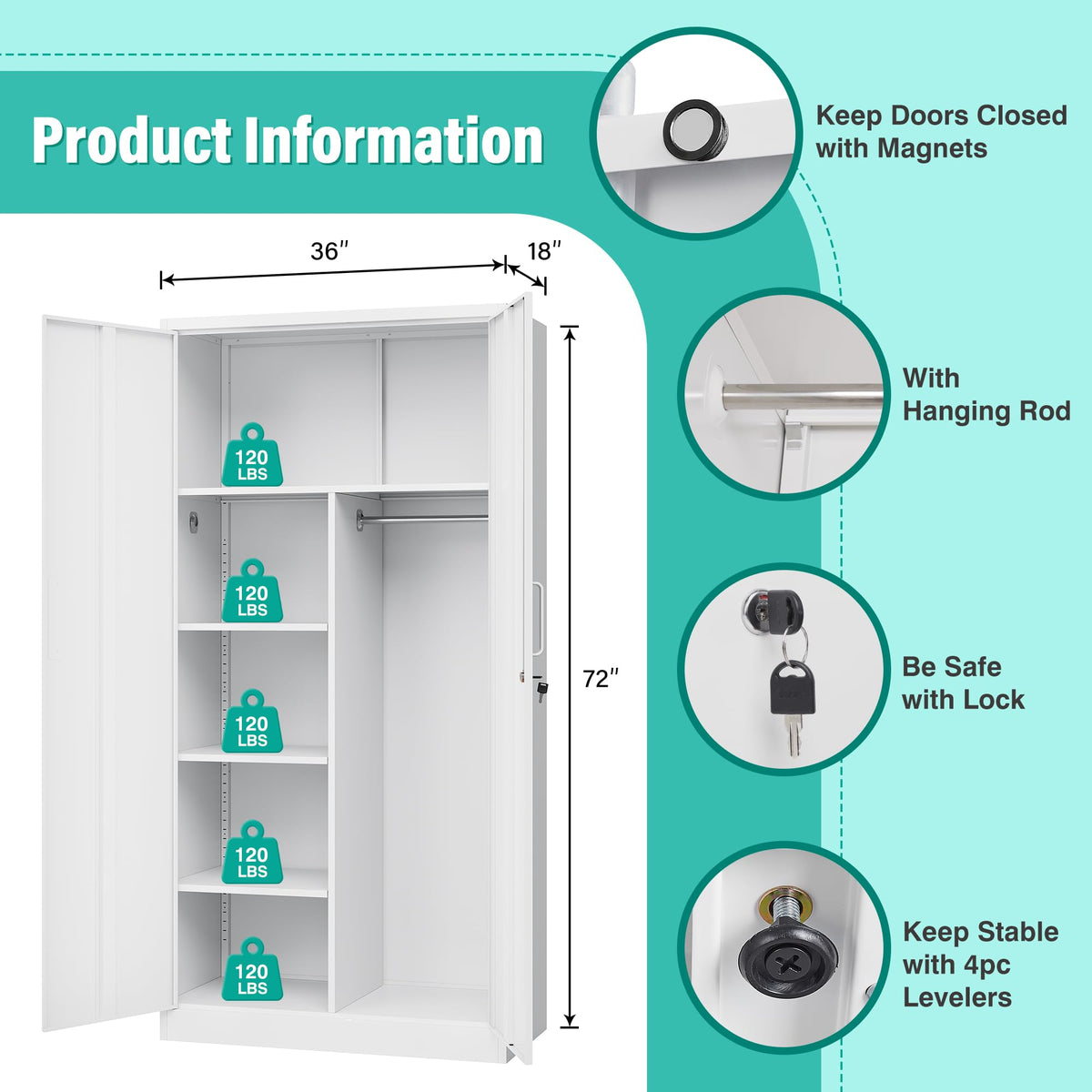White Metal Storage Cabinet with Hanging Rod and Lock A74213