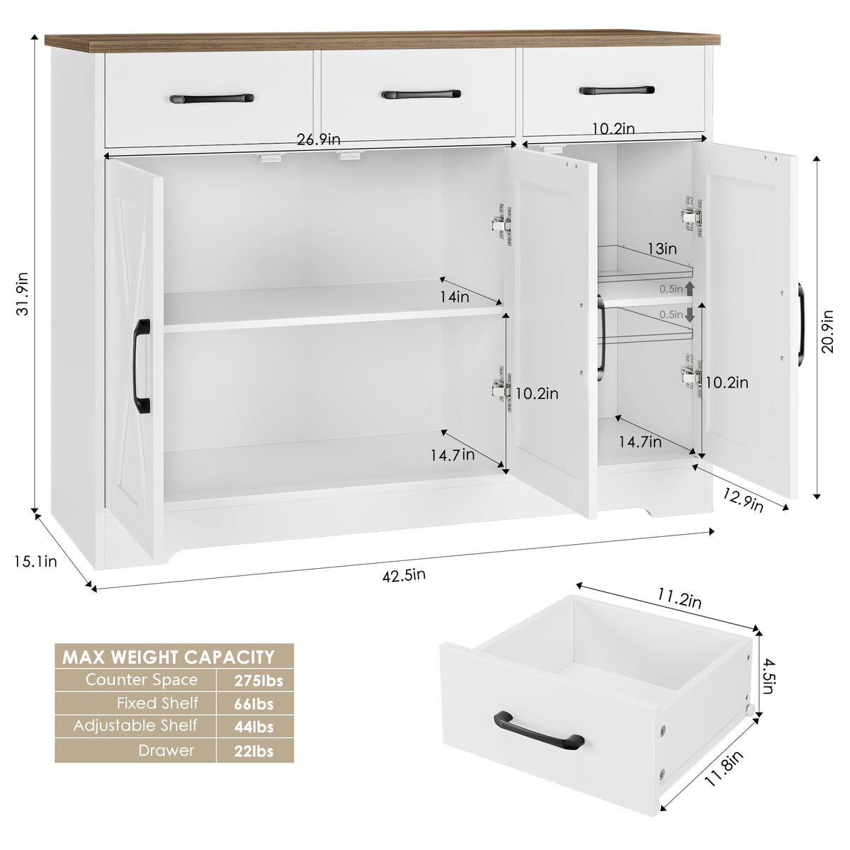 White Kitchen Buffet Cabinet with Storage P291372