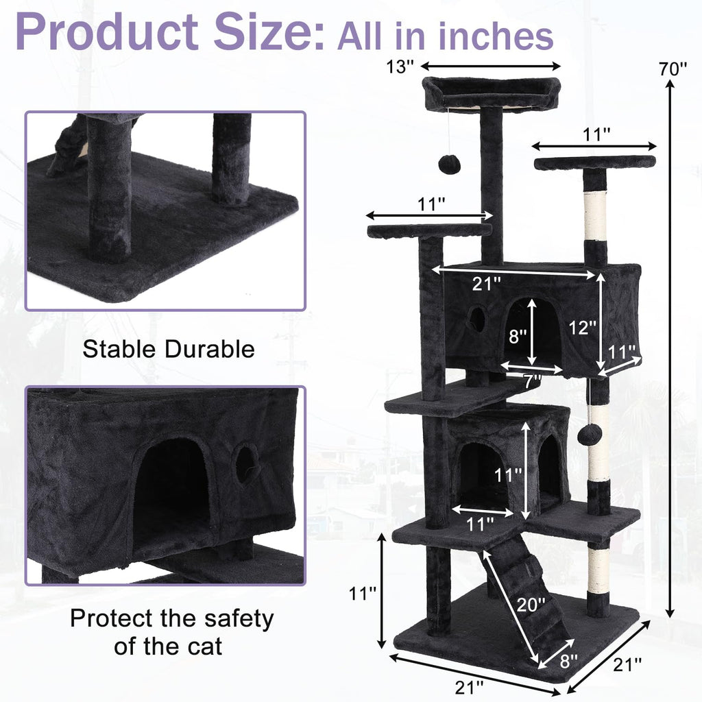 70 Inches Multi-Level Cat Tree with Litter Box Enclosure Dark Gray Z794