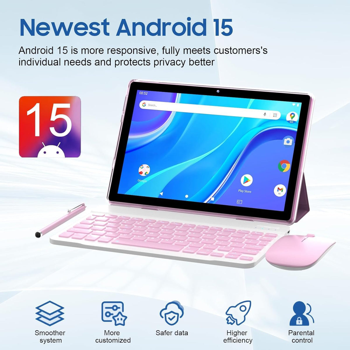 10 inch Android 15 Tablet with Keyboard Case Mouse Stylus Pink X925