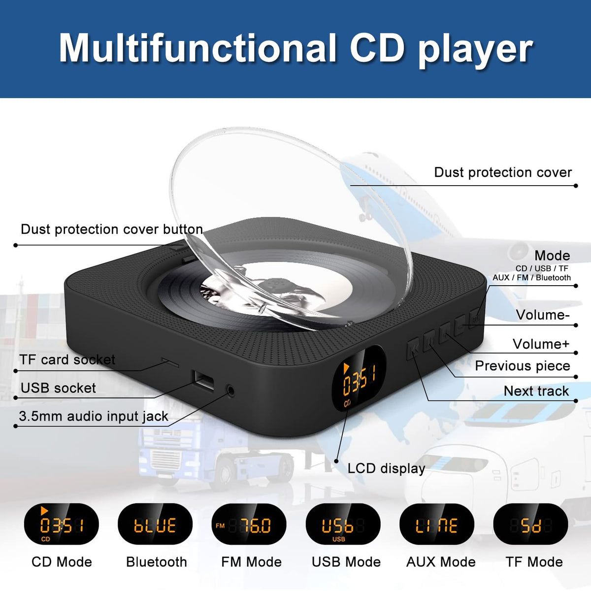 Portable CD Player with Bluetooth, Dual Speakers, LED Display, FM Radio, Black J721124