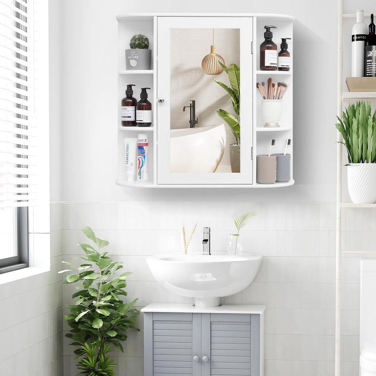 White Bathroom Medicine Cabinet with Mirror and Adjustable Shelves U251
