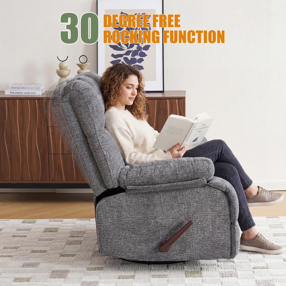 Oversized Chenille Grey Swivel Rocker Recliner S365