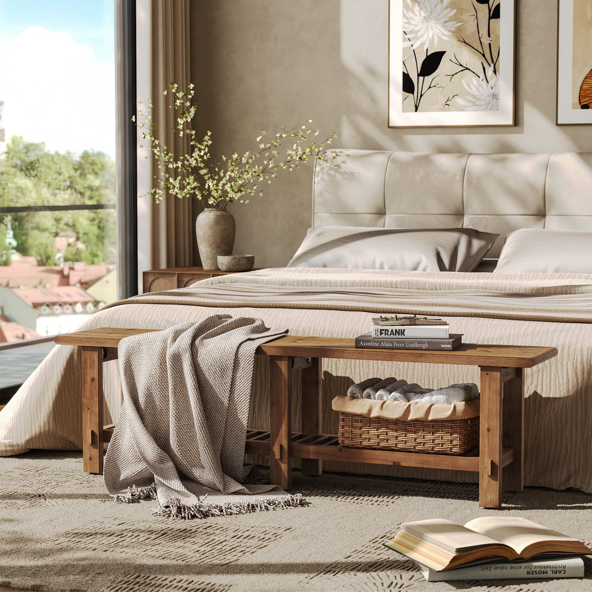 Solid Wood Shoe Bench with Storage Rack P832