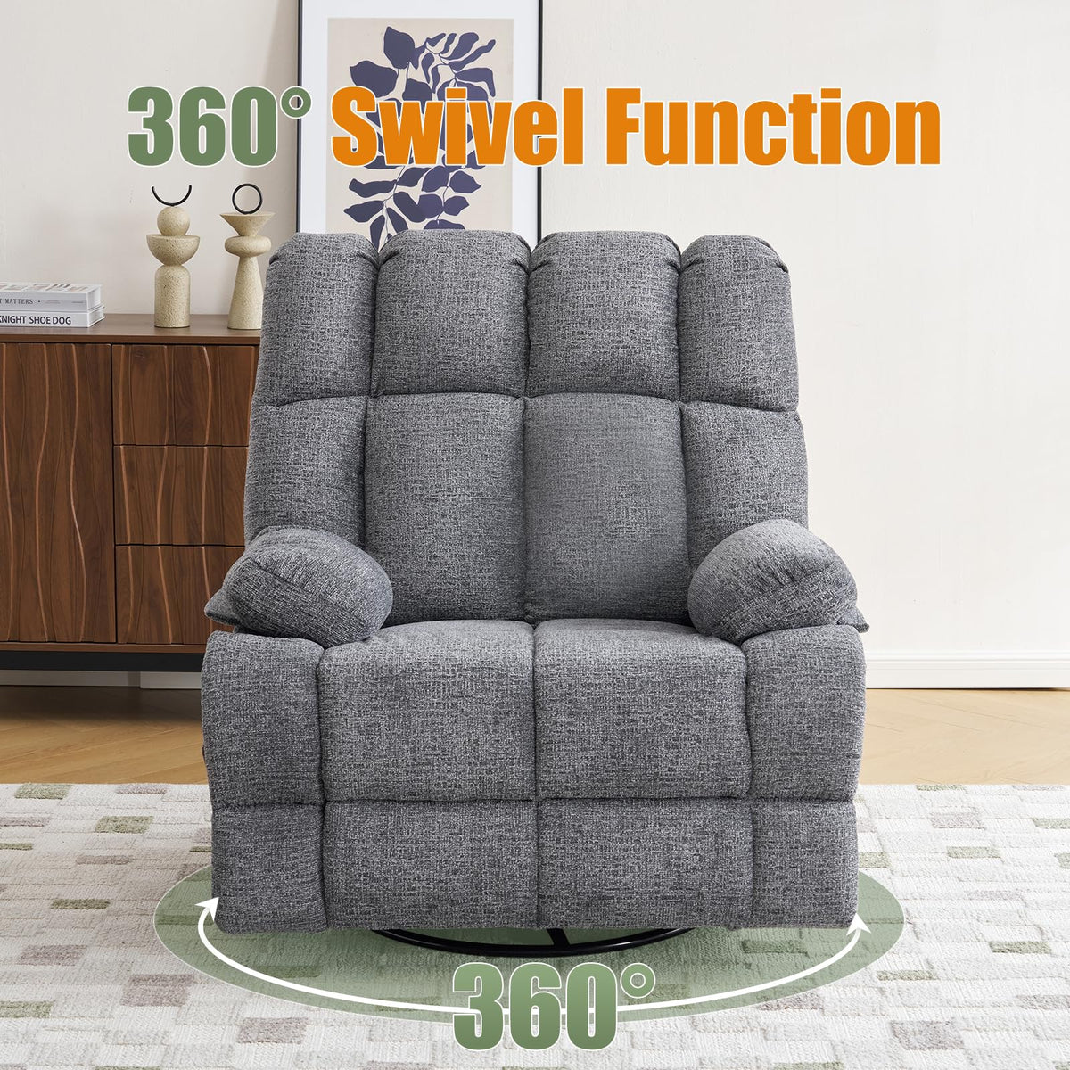 Oversized Chenille Grey Swivel Rocker Recliner S365