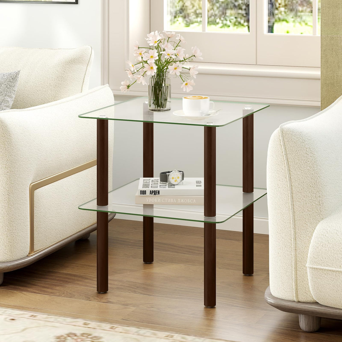 Square End Table Set of 2, 2-Tier Glass Top Sofa Side Table Q970