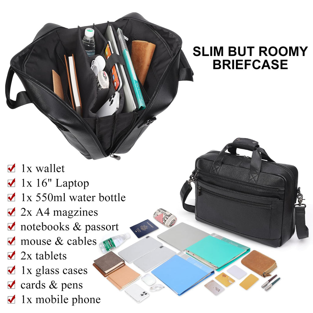Black Leather 16 Inch Laptop Briefcase Bag A7938