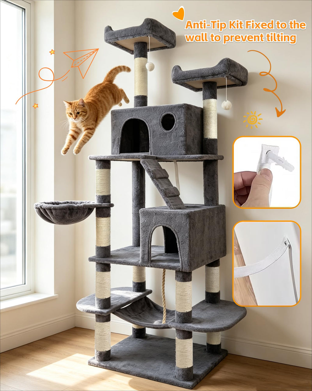 70" Cat Tree with 2 Condos and Wide Perches, Gray J68175