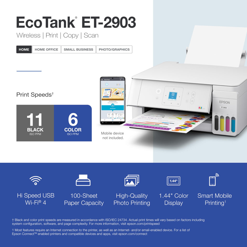Wireless All-in-One Color Supertank Printer with Refillable Tanks, Scanner, White V25907