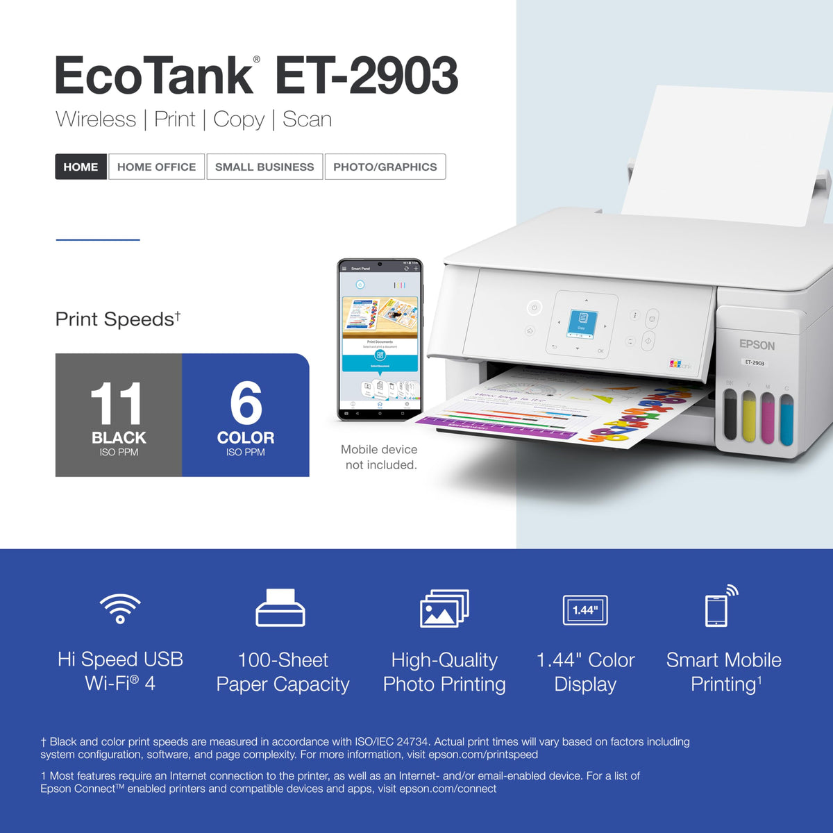 Wireless All-in-One Color Supertank Printer with Refillable Tanks, Scanner, White V25907