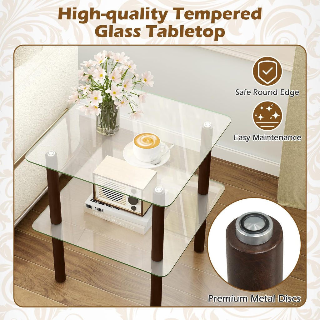 Square End Table Set of 2, 2-Tier Glass Top Sofa Side Table Q970