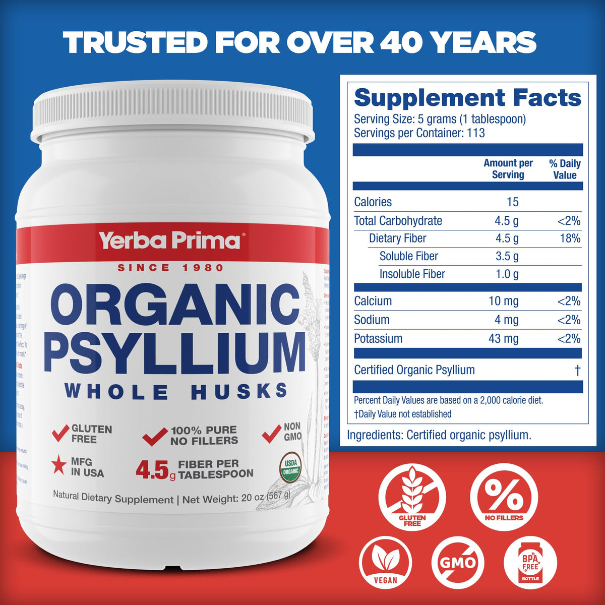 Organic Whole Psyllium Husks Fiber 20 oz Pack of 2 E156494