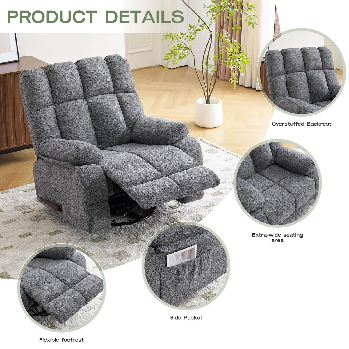 Oversized Chenille Grey Swivel Rocker Recliner S365