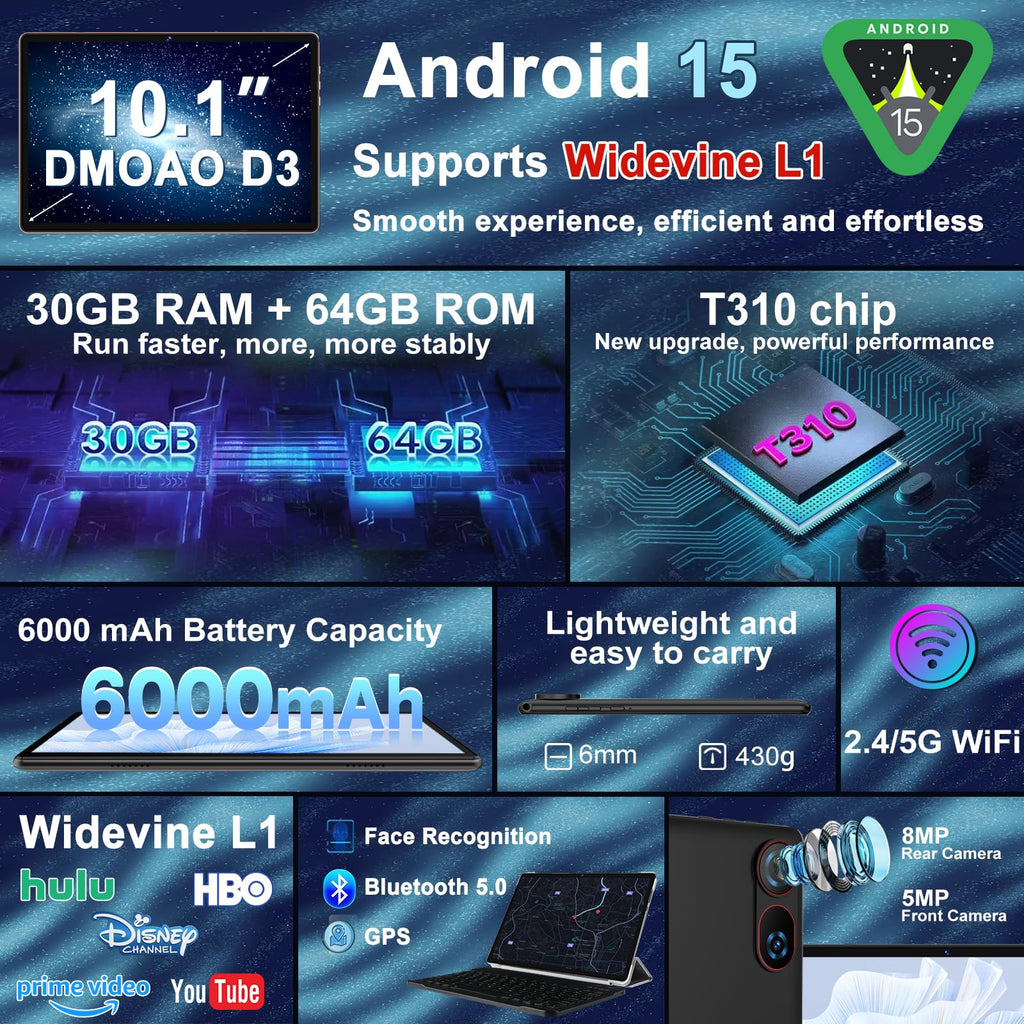 Android 15 Tablet 10.1 Inch FHD 30GB RAM 64GB ROM Black F3035