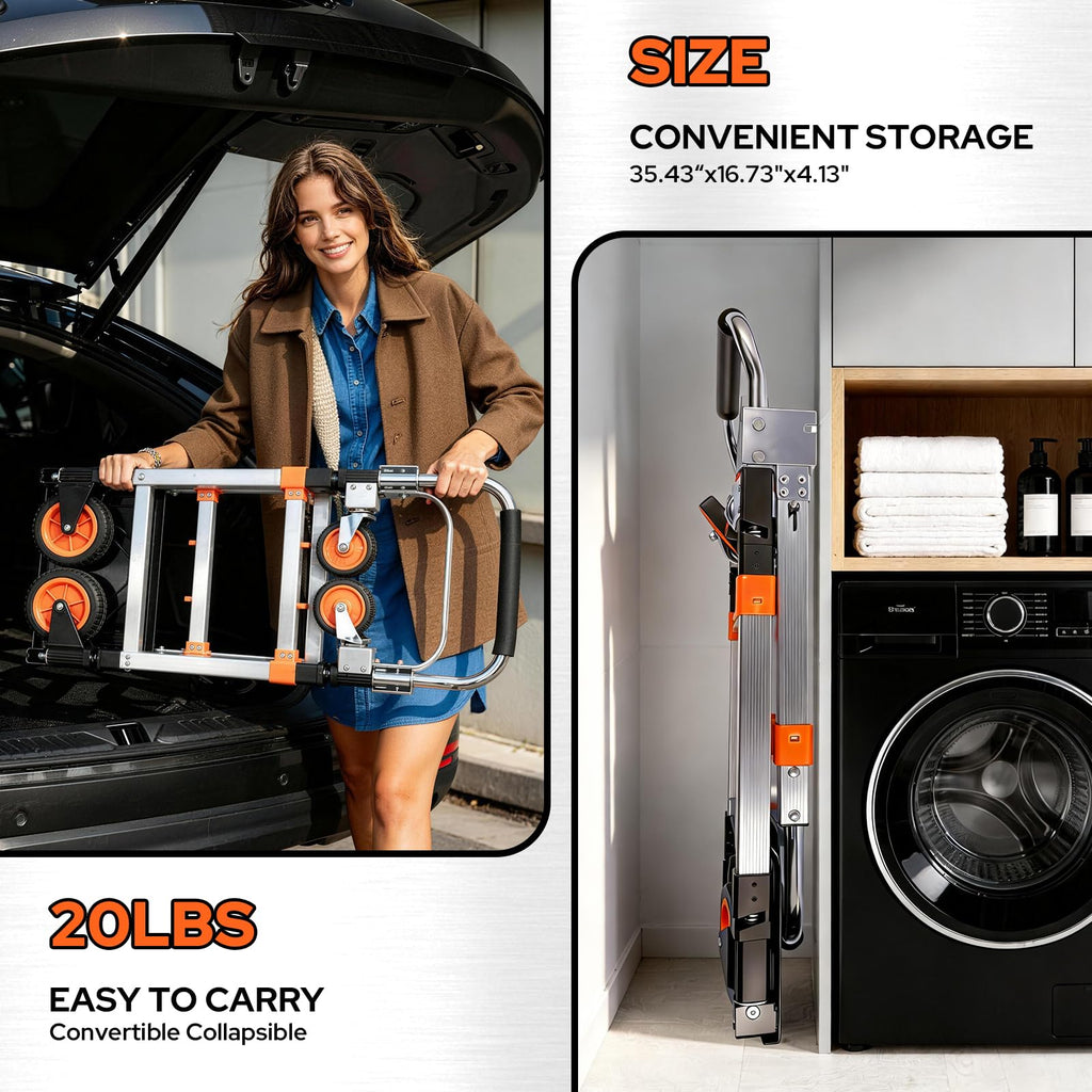 Folding Hand Truck Dolly Cart with Wheels, 500lb Load, Silver Orange Z29266
