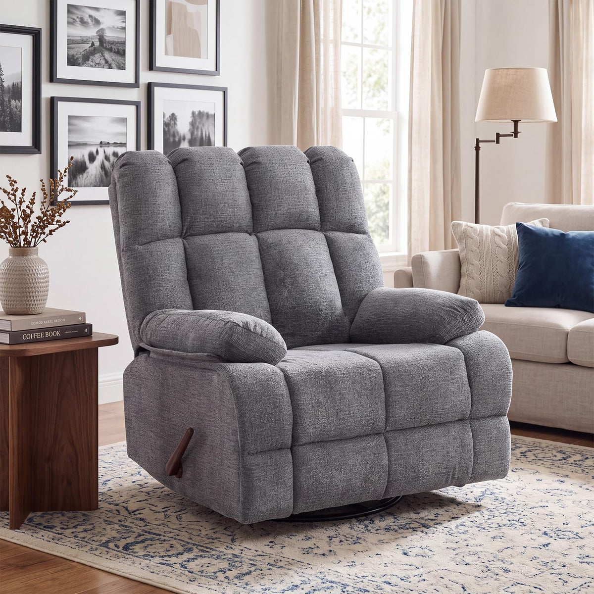 Oversized Chenille Grey Swivel Rocker Recliner S365