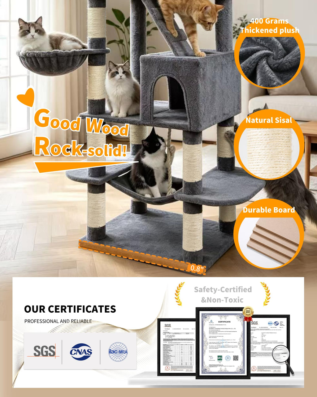 70" Cat Tree with 2 Condos and Wide Perches, Gray J68175