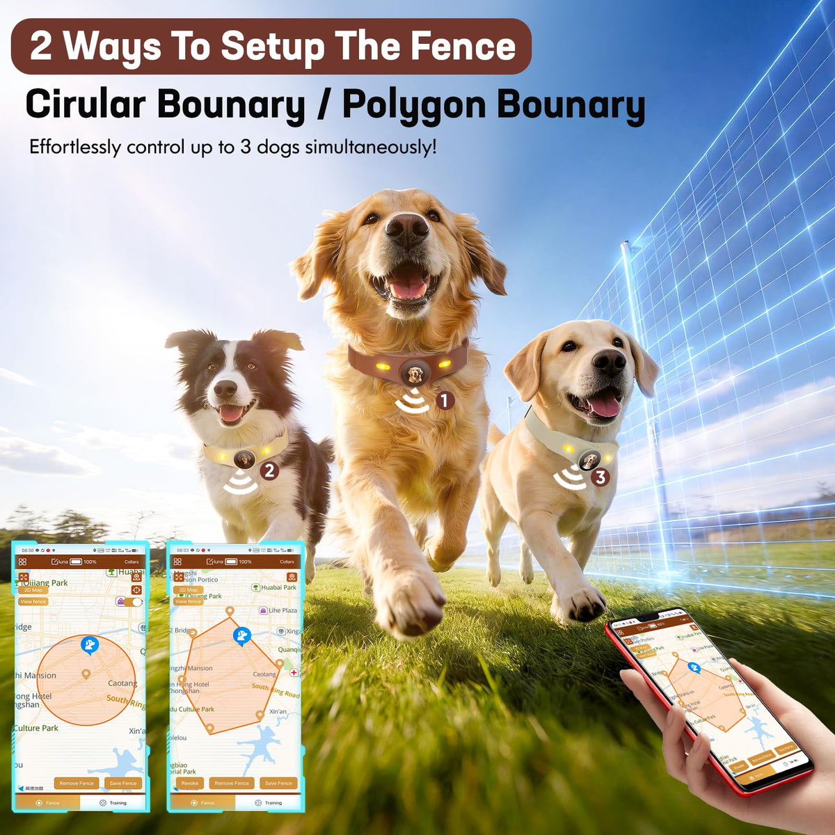 Wireless Dog Fence Collar, 64-3280ft Adjustable, Rechargeable IP7 Waterproof, Brown S755
