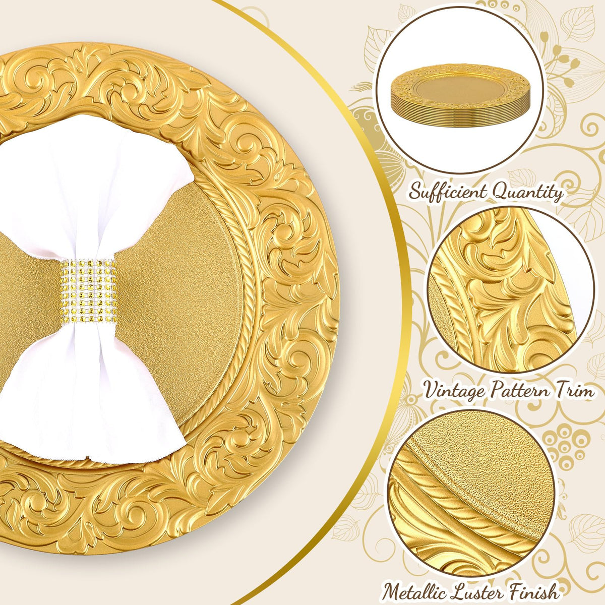 Gold 12 Pcs 13'' Antique Plastic Charger Plates L73577