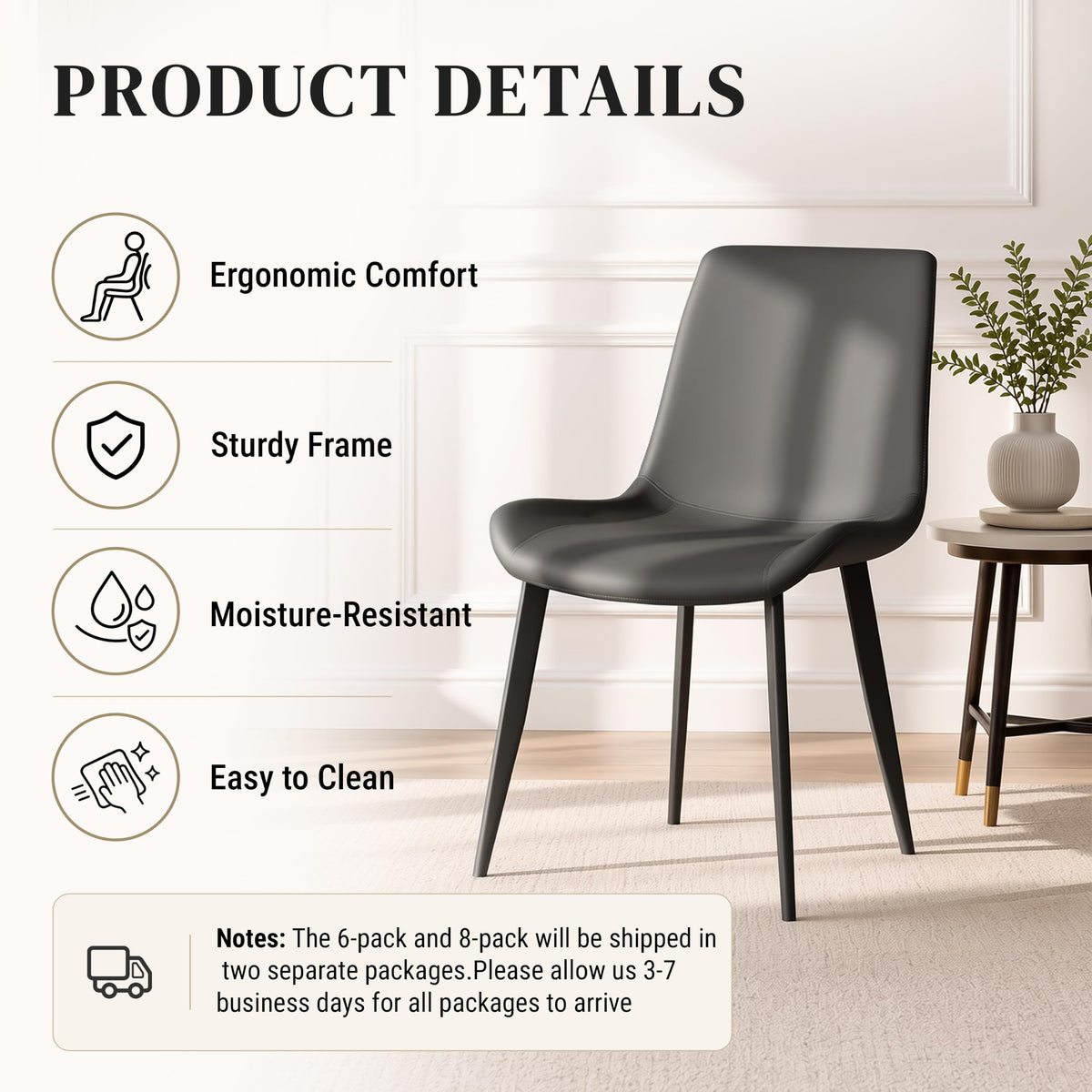 Black Dining Chairs Set of 4 PU Leather Upholstered with Metal Legs E5231