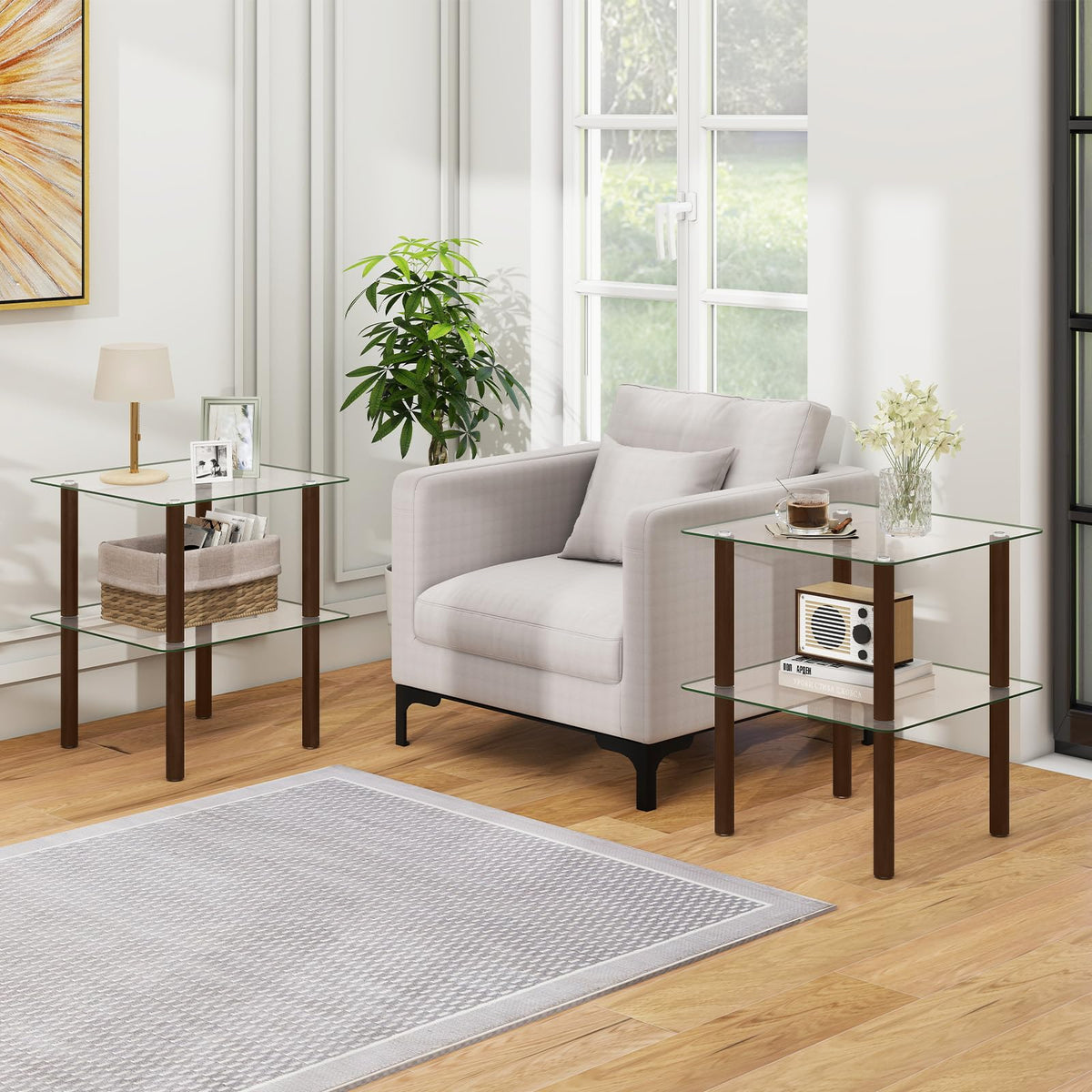 Square End Table Set of 2, 2-Tier Glass Top Sofa Side Table Q970