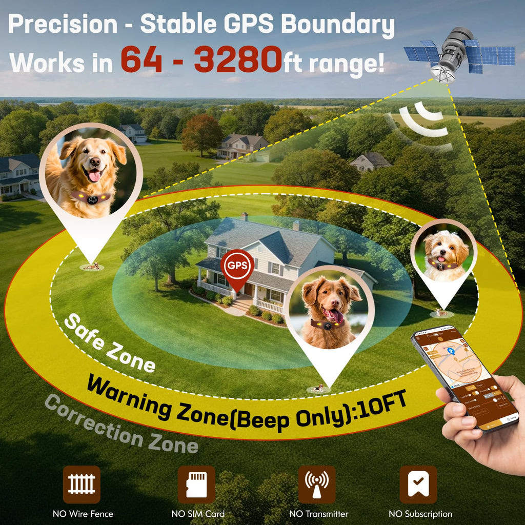 Wireless Dog Fence Collar, 64-3280ft Adjustable, Rechargeable IP7 Waterproof, Brown S755