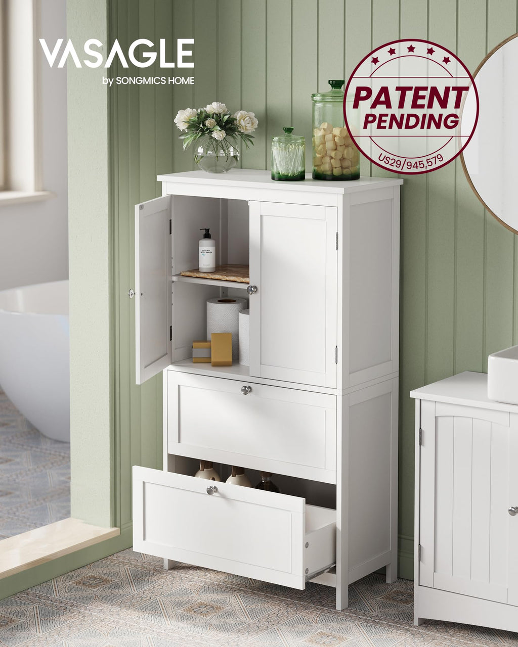 Cloud White Bathroom Floor Cabinet with 2 Doors, 2 Drawers D4241