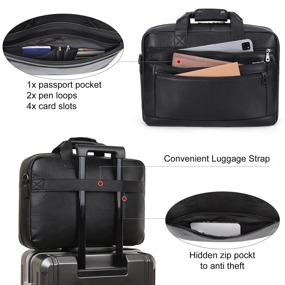 Black Leather 16 Inch Laptop Briefcase Bag A7938