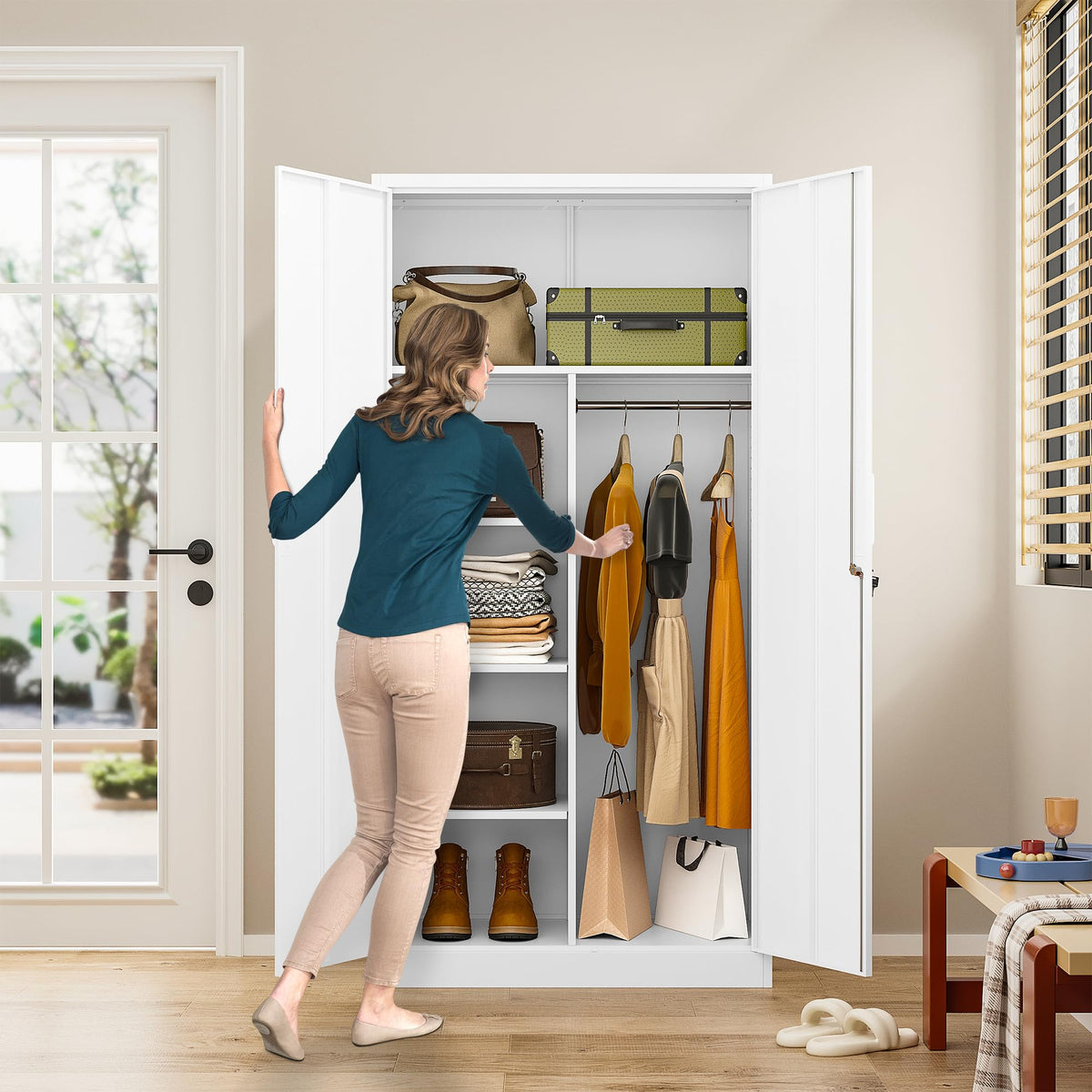 White Metal Storage Cabinet with Hanging Rod and Lock A74213