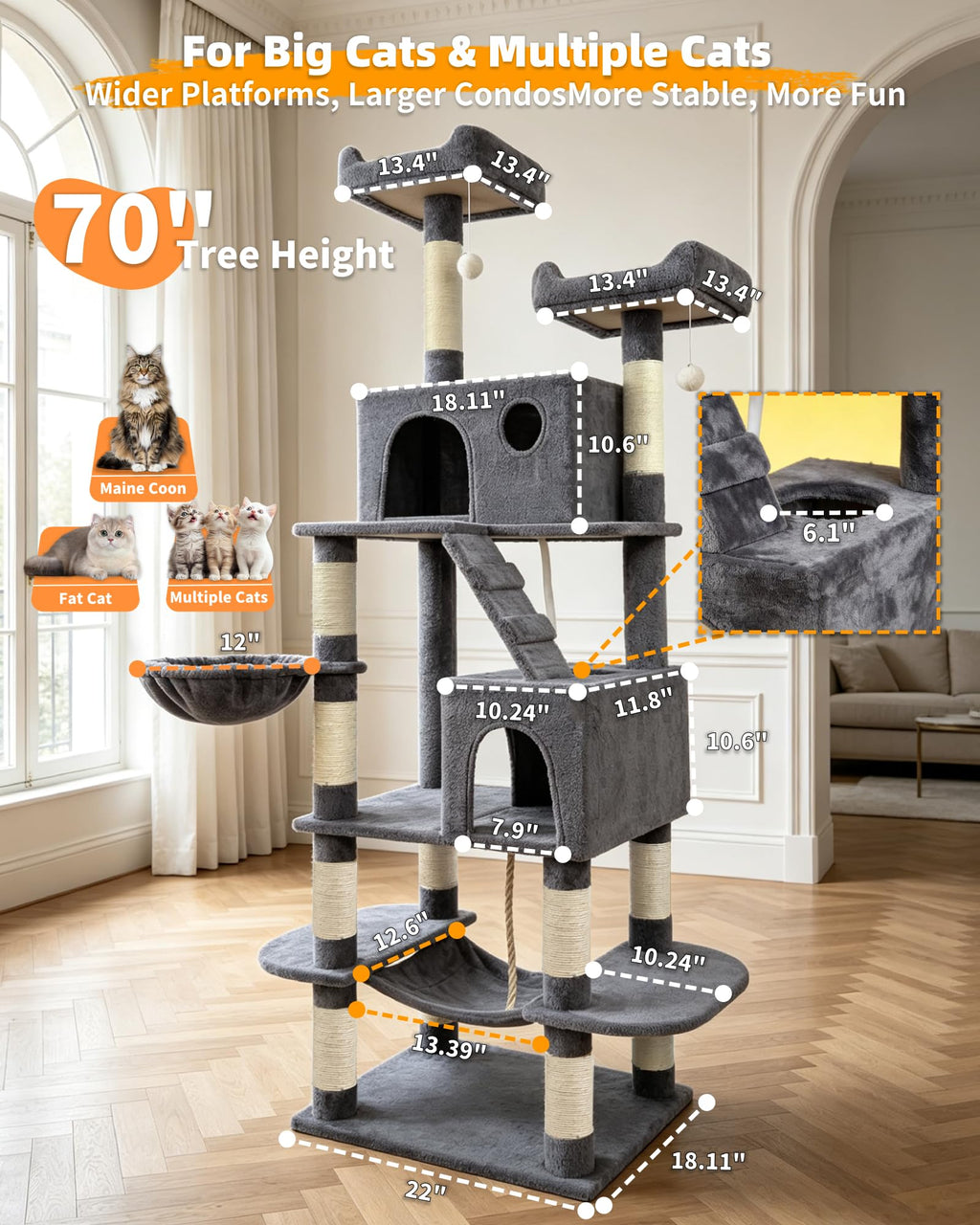 70" Cat Tree with 2 Condos and Wide Perches, Gray J68175