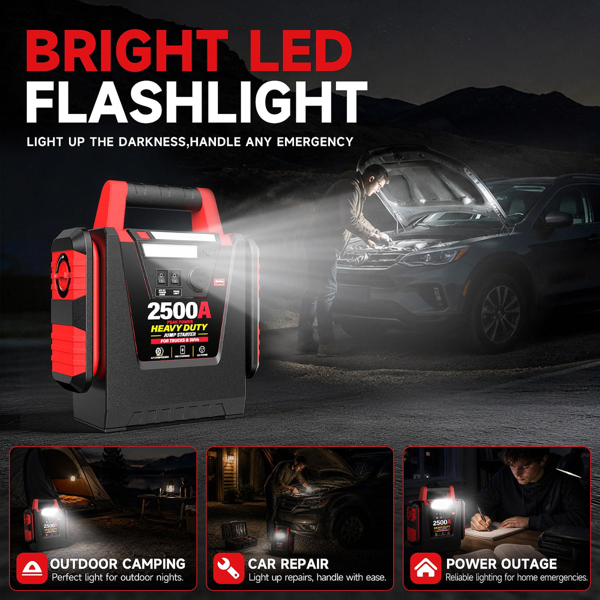 12V Portable Car Jump Starter with Air Compressor and Work Light B6500