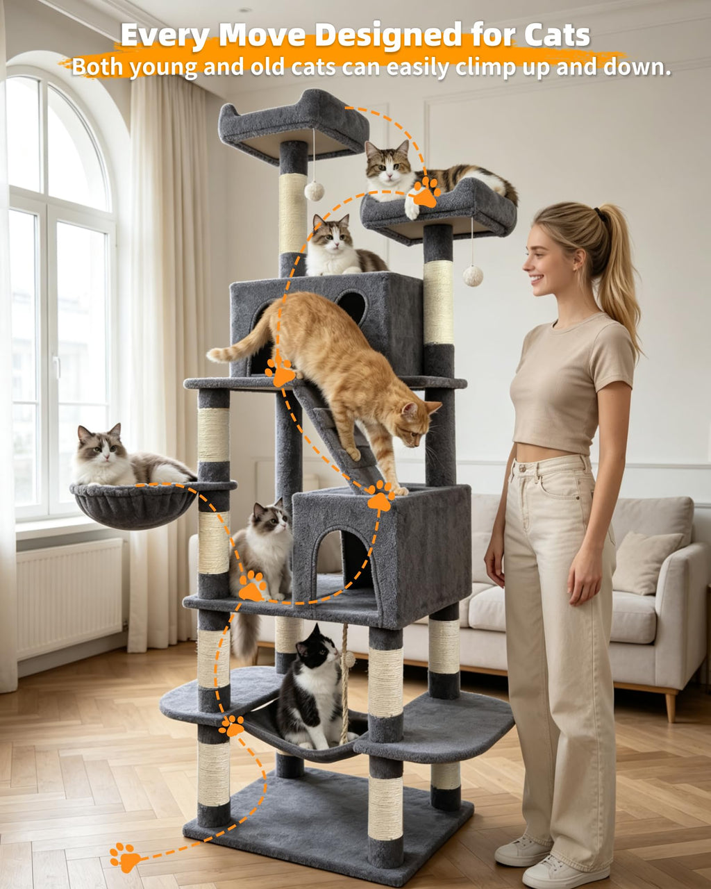 70" Cat Tree with 2 Condos and Wide Perches, Gray J68175