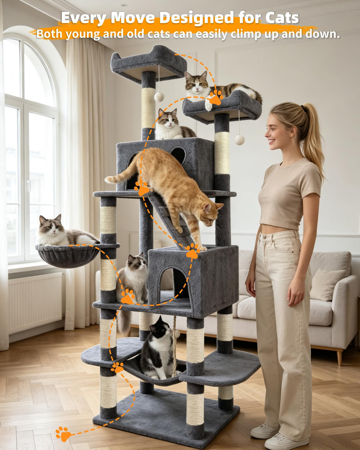 70" Cat Tree with 2 Condos and Wide Perches, Gray J68175