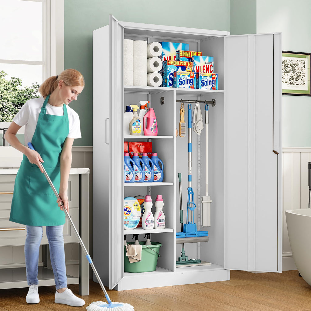White Metal Storage Cabinet with Hanging Rod and Lock A74213