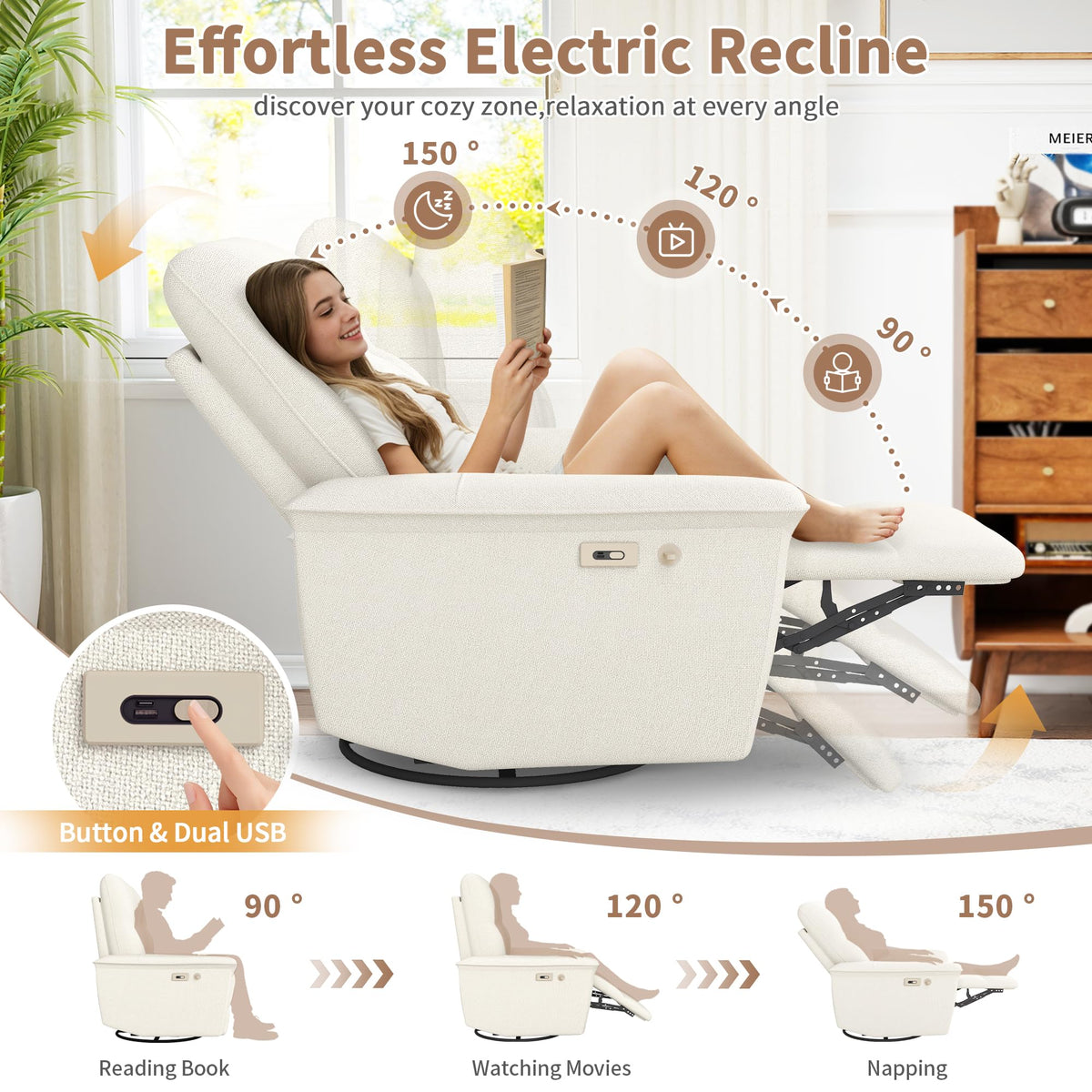 Power Swivel Rocker Recliner Chair with Phone Holder and USB Ports L2103