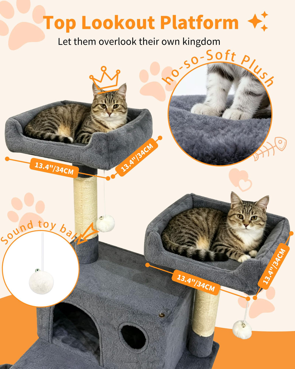 70" Cat Tree with 2 Condos and Wide Perches, Gray J68175