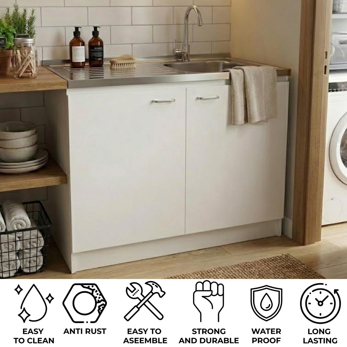 White 39 in Kitchen Sink Cabinet with Stainless Steel Top D699