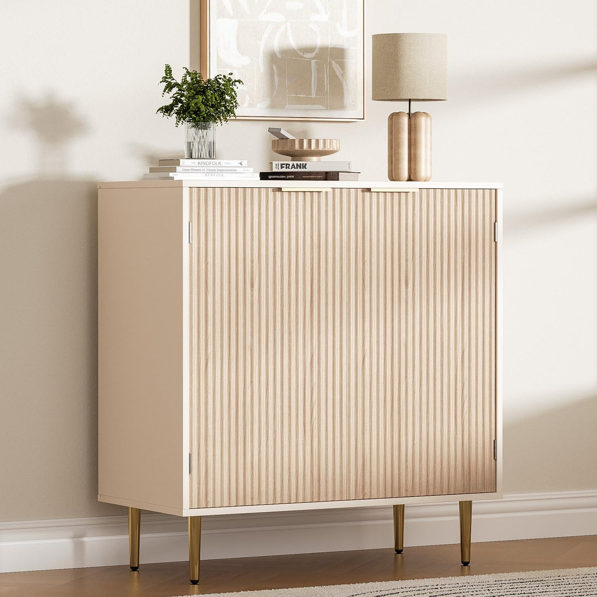 Oak Fluted Sideboard Storage Cabinet with 2 Doors W987