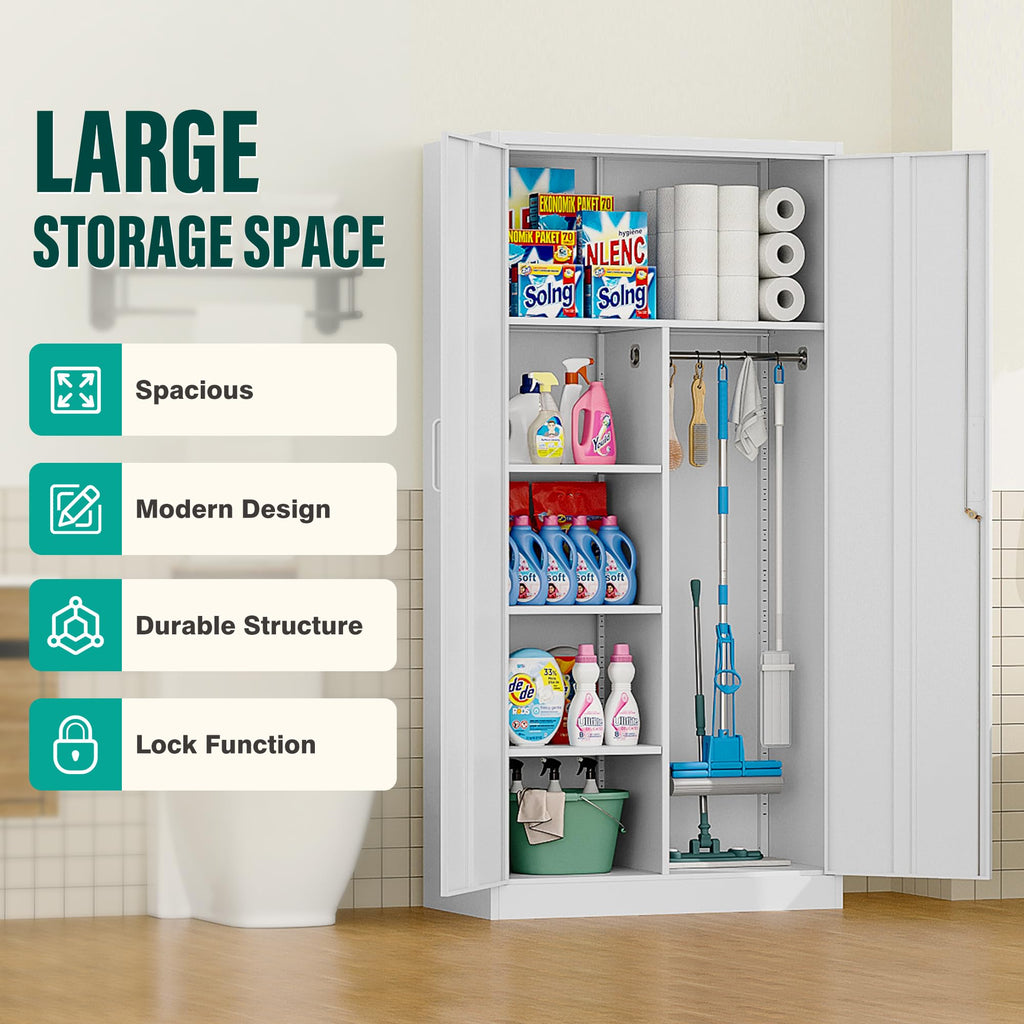 White Metal Storage Cabinet with Hanging Rod and Lock A74213