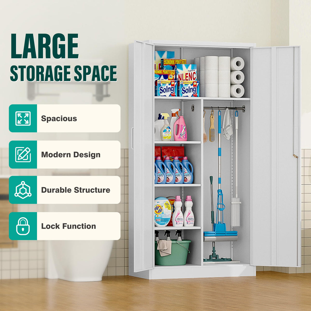 White Metal Storage Cabinet with Hanging Rod and Lock A74213