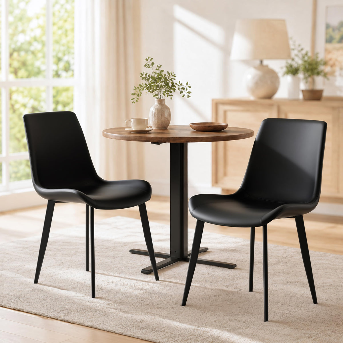 Black Dining Chairs Set of 4 PU Leather Upholstered with Metal Legs E5231