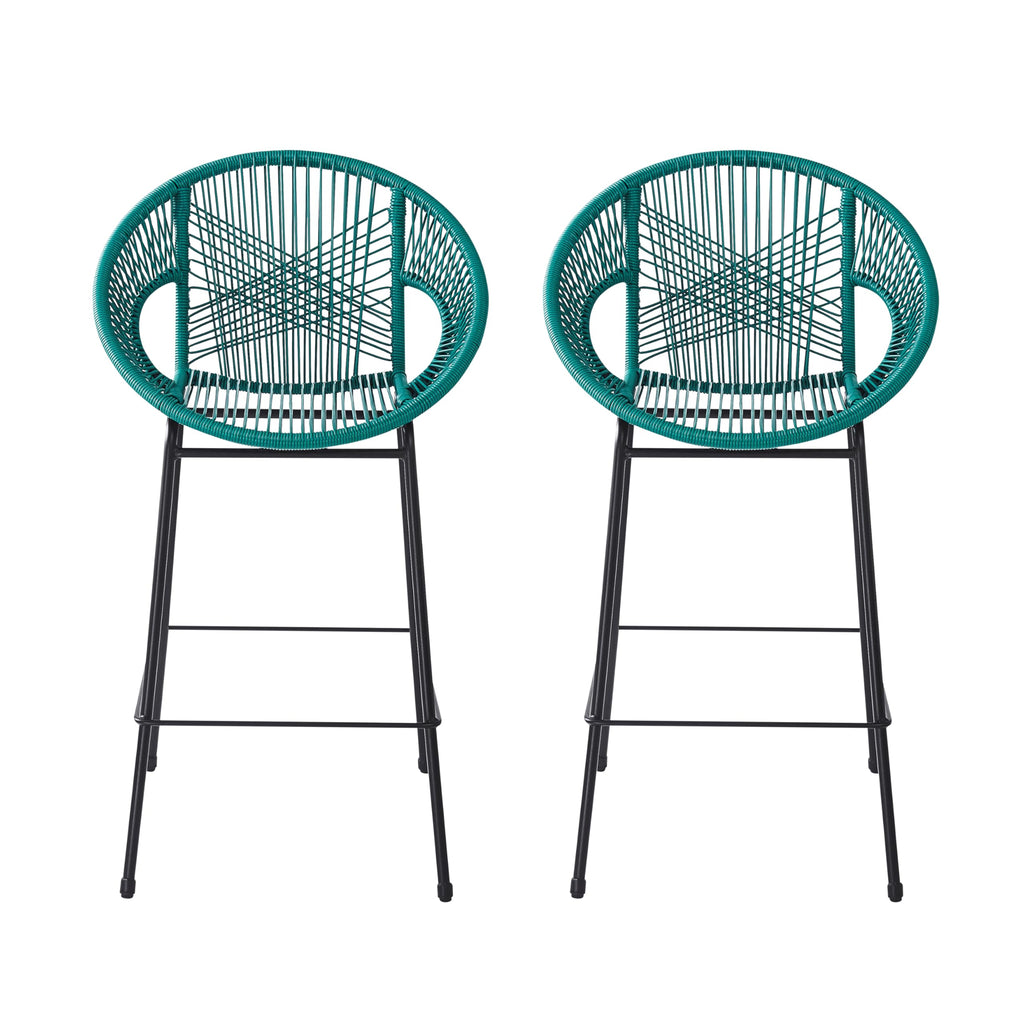 Teal Faux Wicker Outdoor Bar Stool, Set of 2 D79758