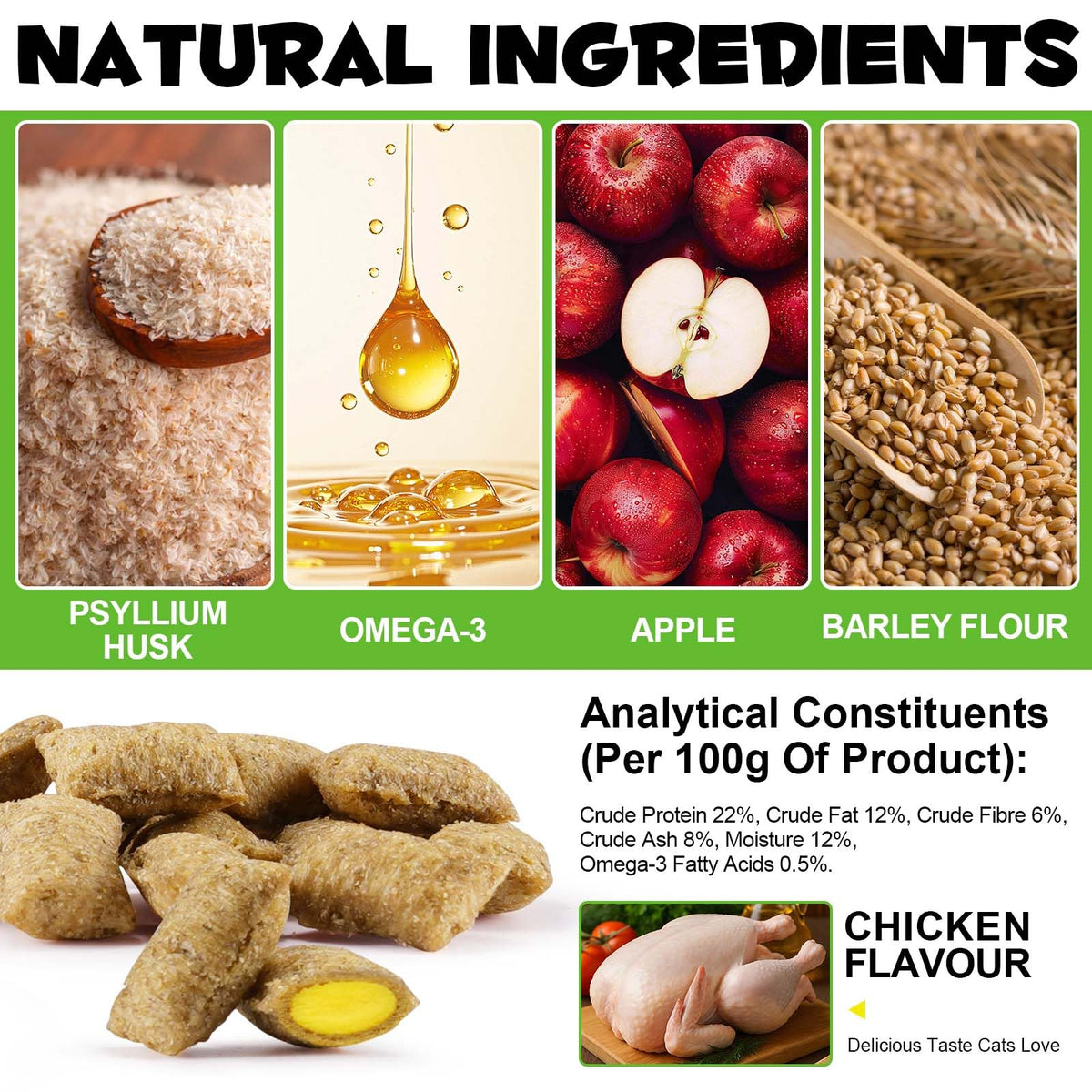 Cat Hairball Support Chews with Cat Grass & Omega-3 Fish Oil I8459