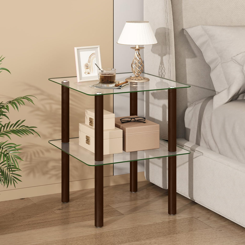 Square End Table Set of 2, 2-Tier Glass Top Sofa Side Table Q970