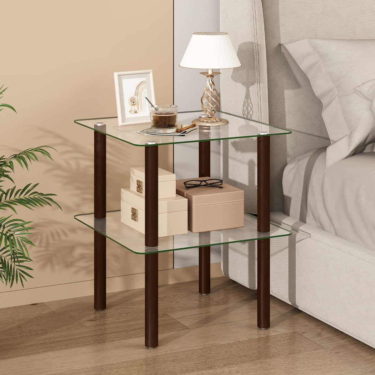 Square End Table Set of 2, 2-Tier Glass Top Sofa Side Table Q970