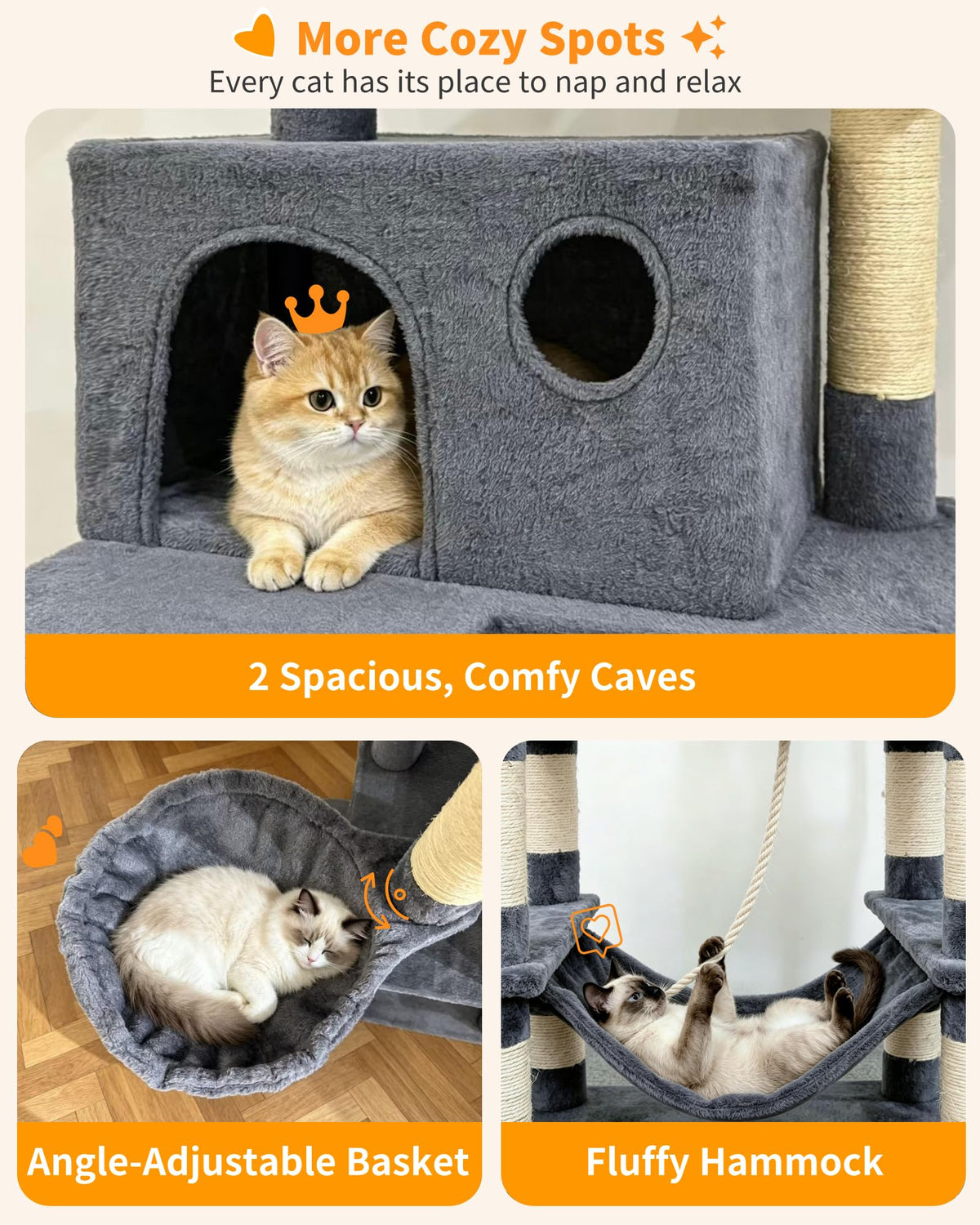 70" Cat Tree with 2 Condos and Wide Perches, Gray J68175