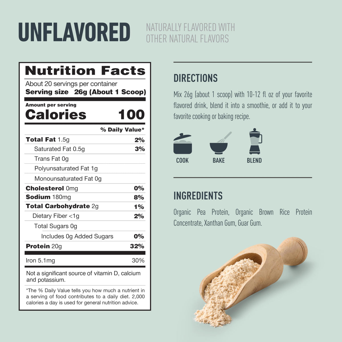 Plant-Based Protein Powder 20g Pea and Rice Protein Unflavored 20 Servings J114641